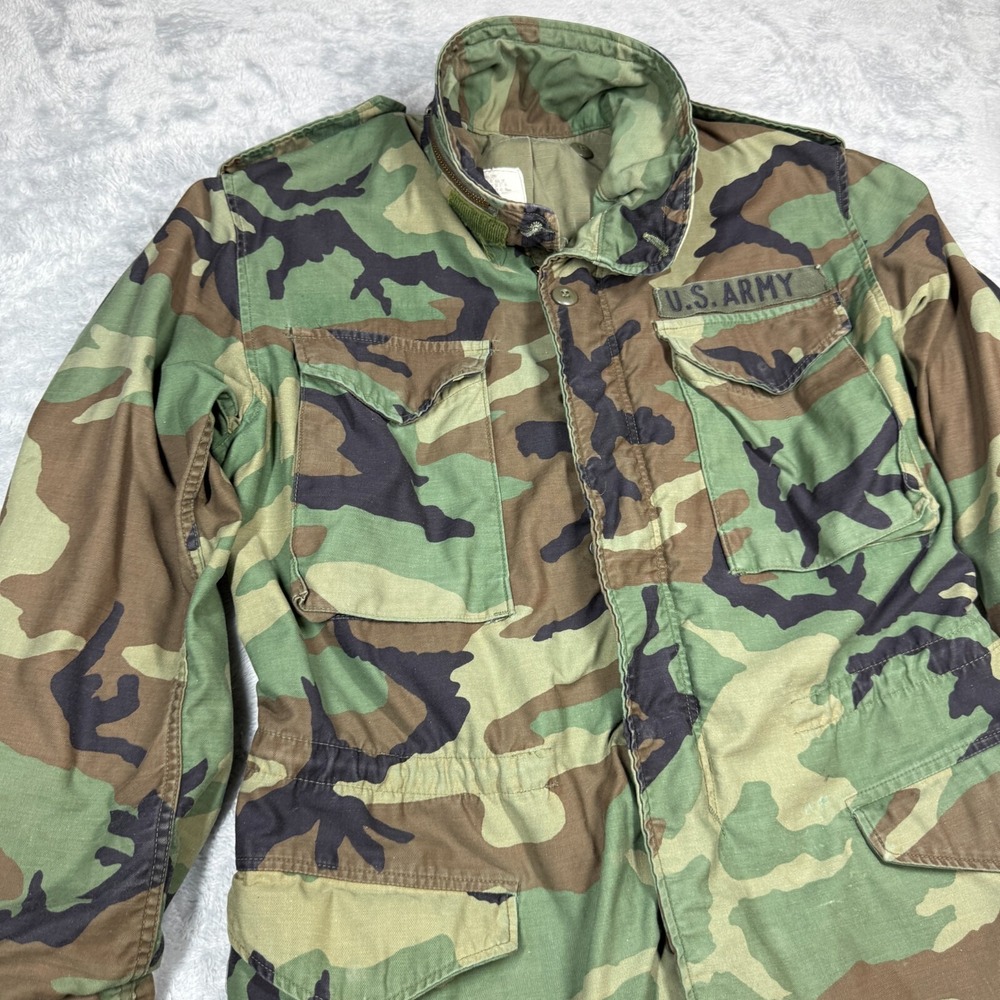 Vintage Army Camo Coat Jacket Cold Weather Small Long Woodland Distressed FLAW - Picture 2 of 16
